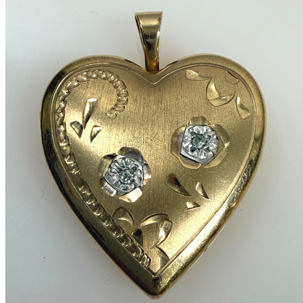 Vintage Gold Filled Heart Locket Etched 14K Pendant 1" x .75" Diamond Chips
